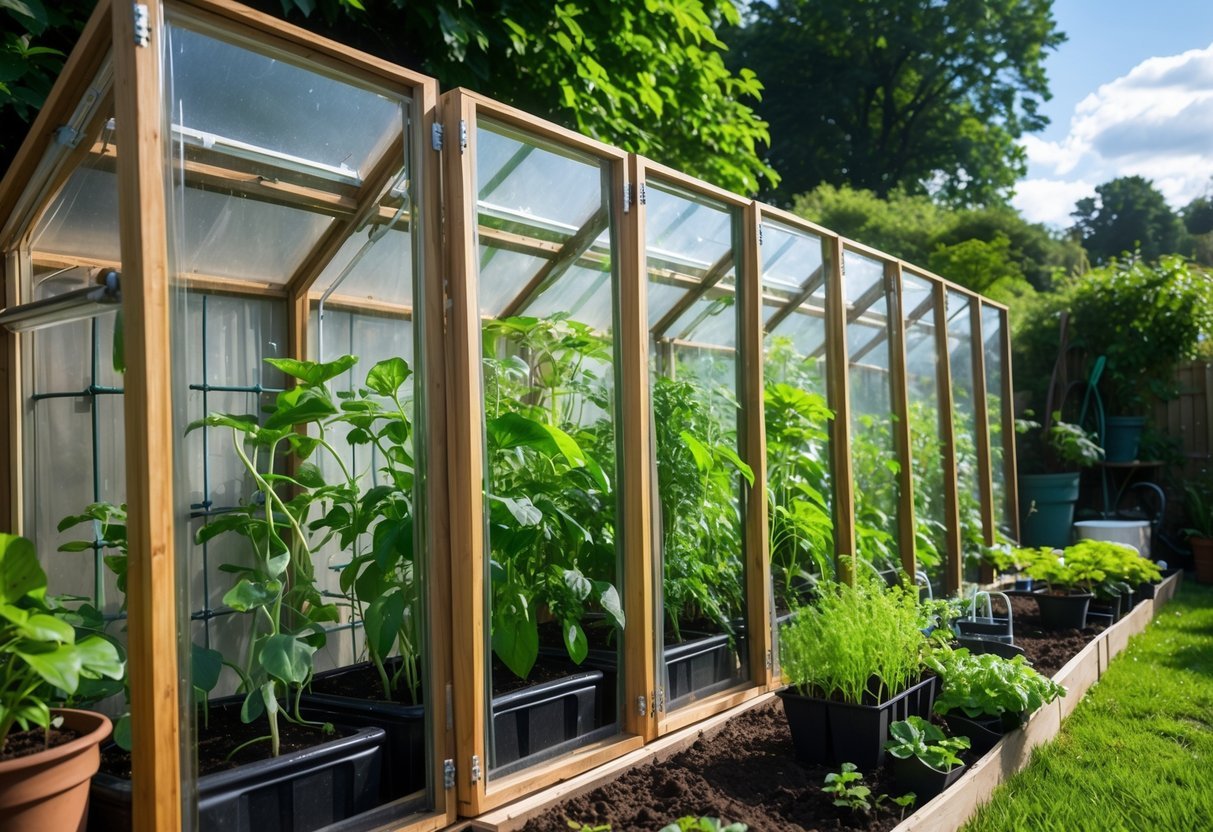 18+ Cold Frame Gardening Ideas: Essential Tips for Boosting Your US Vegetable Harvest 12 Vertical cold frame gardening setup with multiple transparent panels and young plants growing inside in a backyard garden.