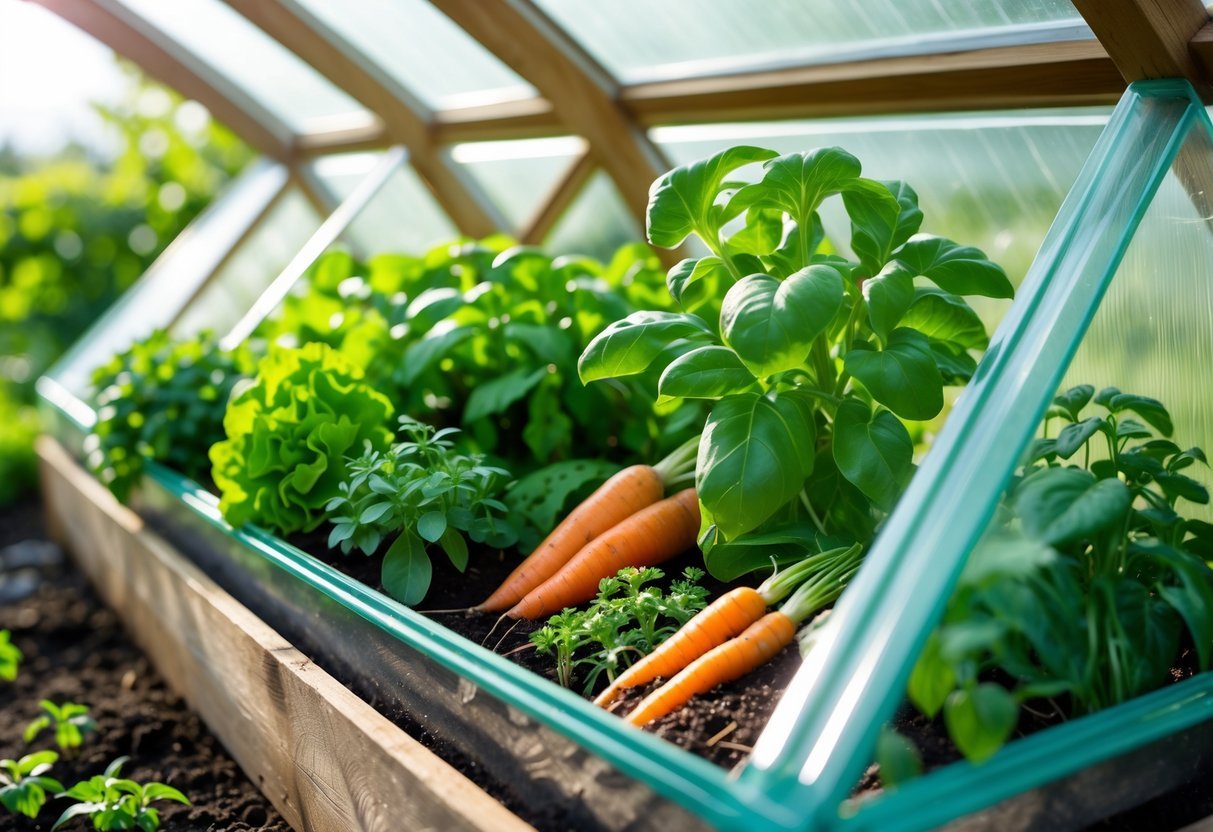 18+ Cold Frame Gardening Ideas: Essential Tips for Boosting Your US Vegetable Harvest 13 A cold frame garden bed with various vegetables and herbs growing together in healthy green plants under clear panels outdoors.