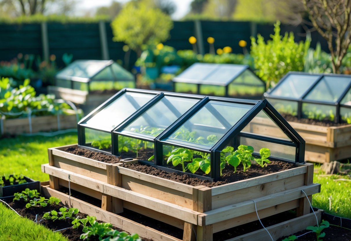 18+ Cold Frame Gardening Ideas: Essential Tips for Boosting Your US Vegetable Harvest 14 Raised garden beds with transparent cold frames containing young plants in an outdoor garden setting.