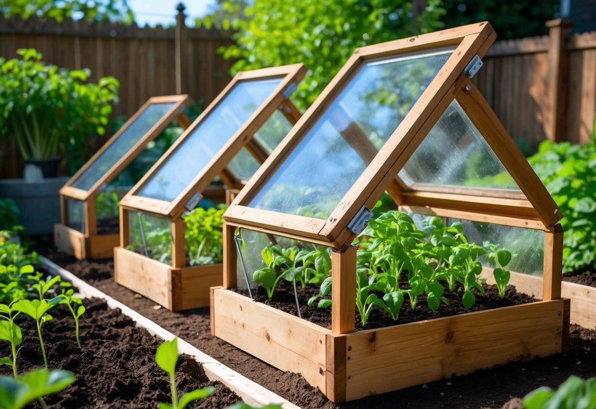 18+ Cold Frame Gardening Ideas: Essential Tips for Boosting Your US Vegetable Harvest 15 A backyard garden with wooden hinged-top cold frames open to show green seedlings growing inside.