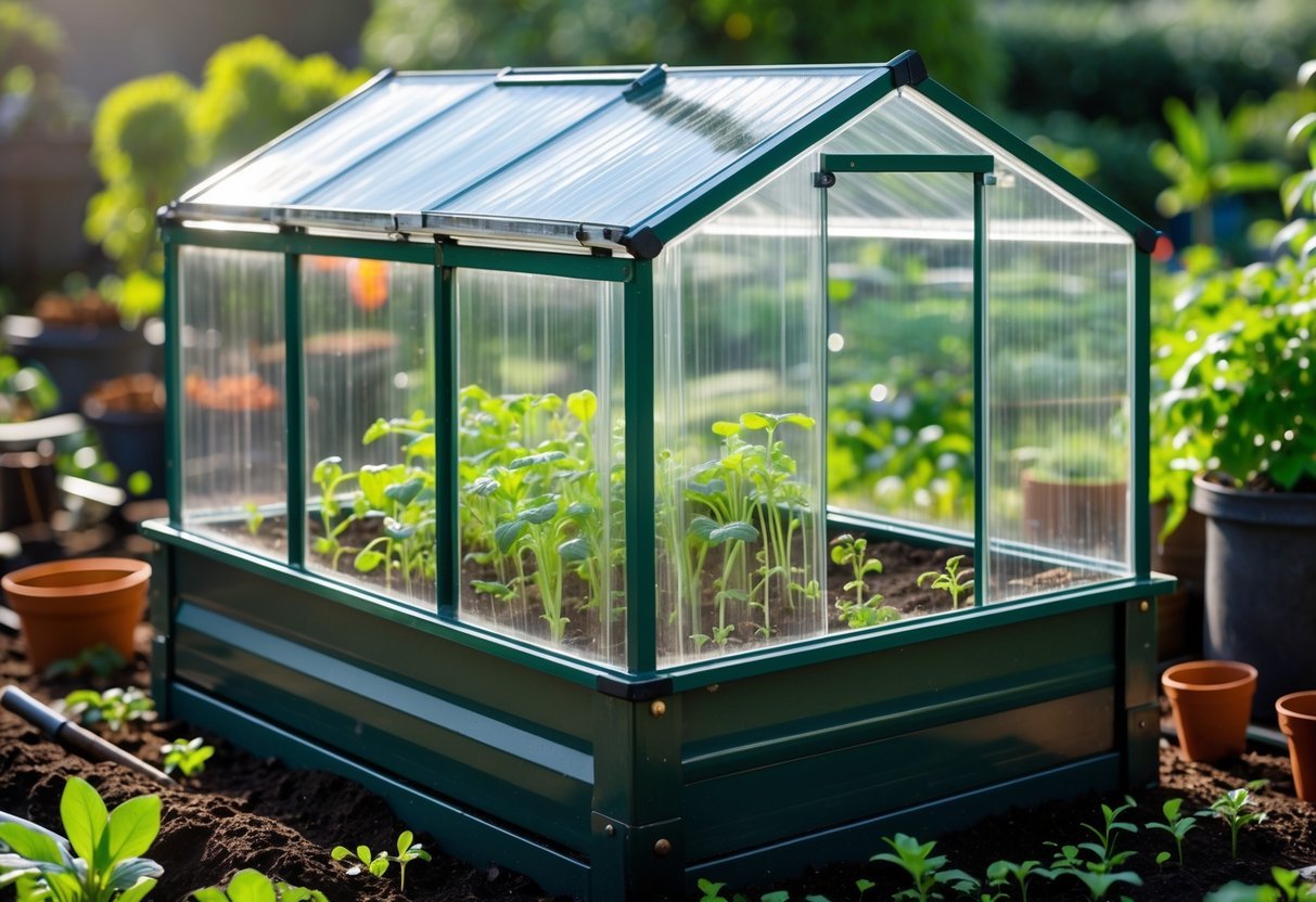 18+ Cold Frame Gardening Ideas: Essential Tips for Boosting Your US Vegetable Harvest 16 A polycarbonate panel cold frame in a garden with young plants growing inside and garden tools nearby.