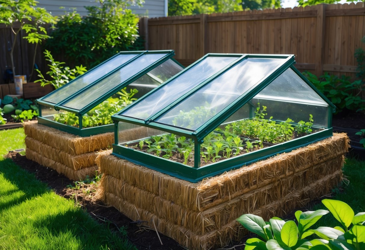 18+ Cold Frame Gardening Ideas: Essential Tips for Boosting Your US Vegetable Harvest 17 A backyard garden with straw bale cold frames containing young plants under transparent covers surrounded by green grass and garden plants.