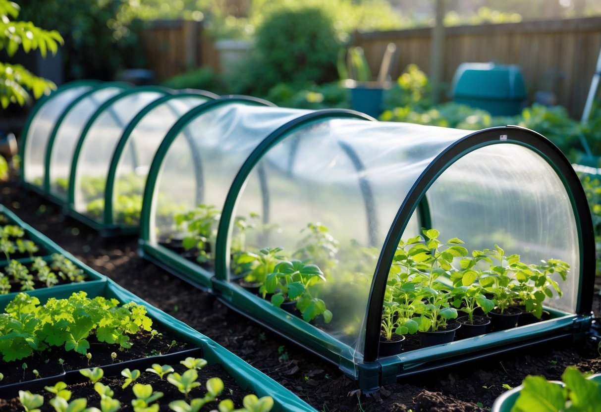 18+ Cold Frame Gardening Ideas: Essential Tips for Boosting Your US Vegetable Harvest 18 A backyard garden with several hoop house cold frames protecting young plants under clear covers in neat rows.