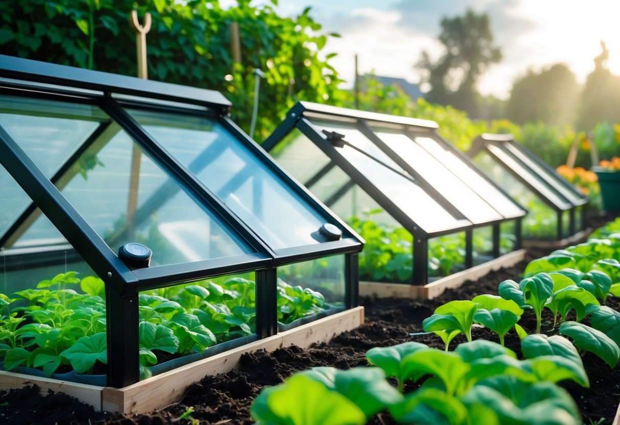 18+ Cold Frame Gardening Ideas: Essential Tips for Boosting Your US Vegetable Harvest 19 A garden with several cold frames that have automatic vent openers, surrounded by green plants and soil under a sunny sky.