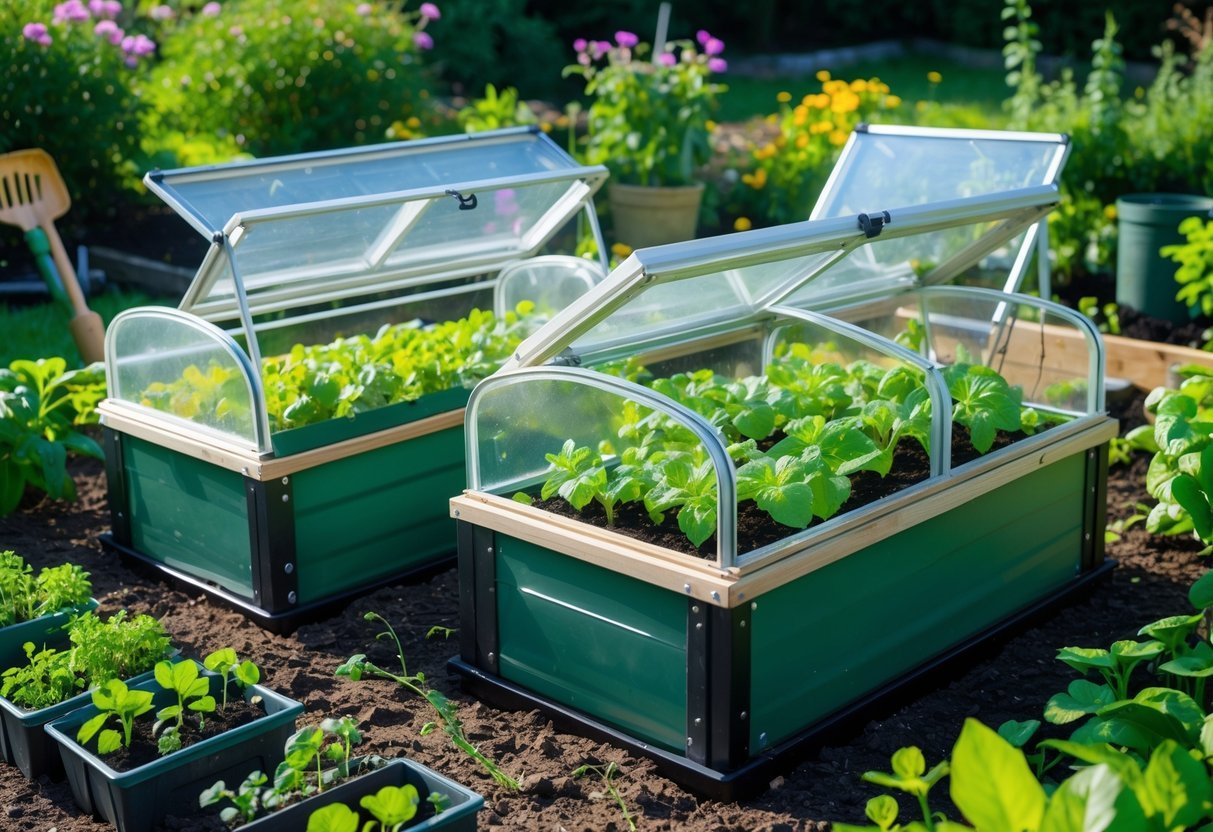 18+ Cold Frame Gardening Ideas: Essential Tips for Boosting Your US Vegetable Harvest 20 A garden with several portable cold frames containing young plants and seedlings under clear lids, surrounded by soil and gardening tools in natural sunlight.
