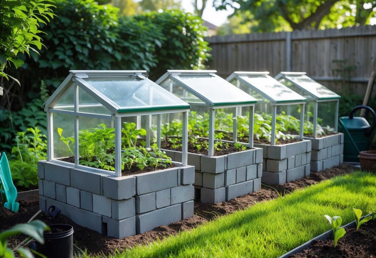 18+ Cold Frame Gardening Ideas: Essential Tips for Boosting Your US Vegetable Harvest 21 A backyard garden with concrete block cold frames containing seedlings and plants, surrounded by soil and gardening tools.
