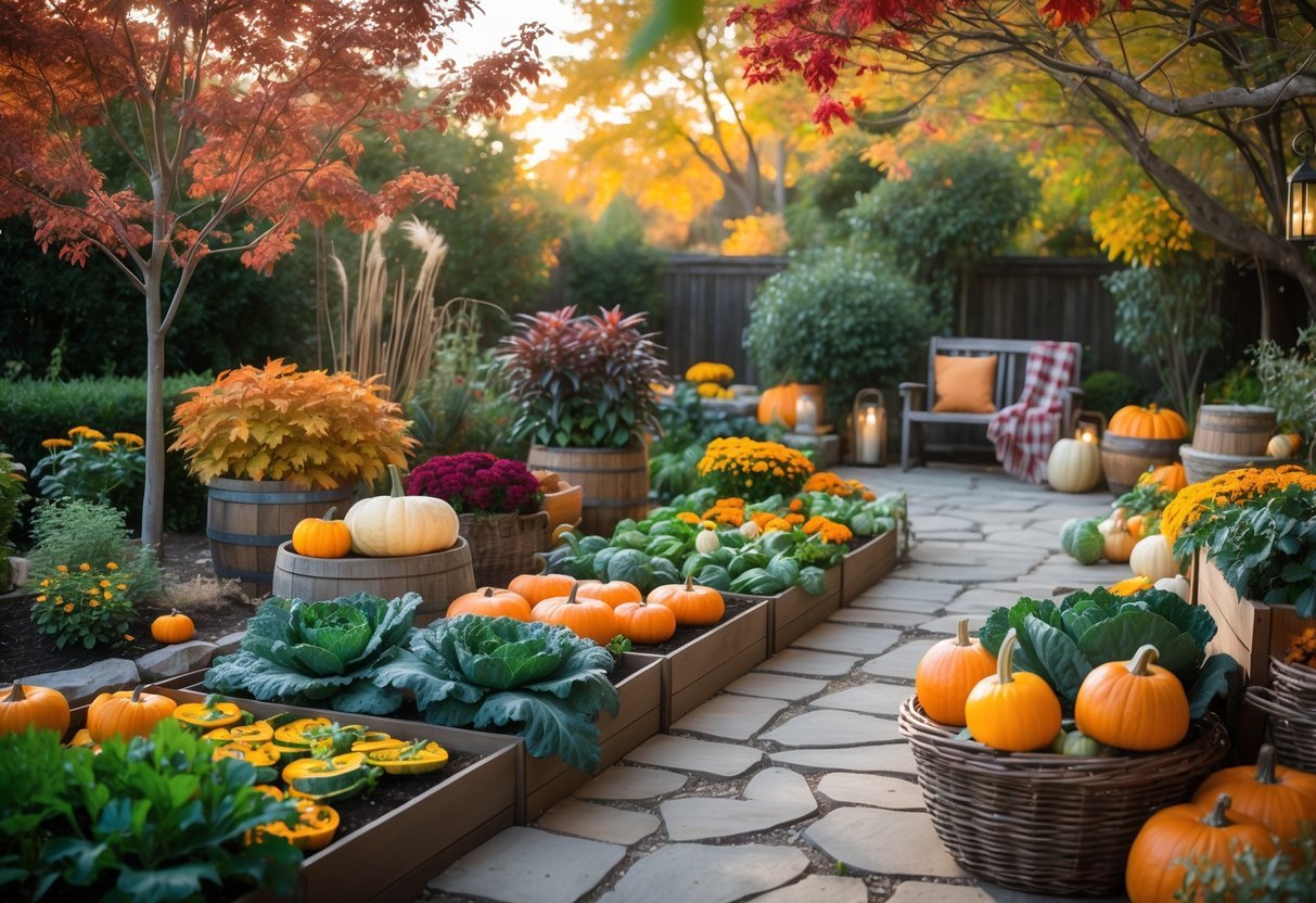 21+ Fall Garden Ideas: Essential Tips for a Stunning Autumn Landscape in the US 2 A backyard garden in autumn with colorful fall leaves, raised beds of pumpkins and vegetables, flowers, and a wooden bench with a blanket.