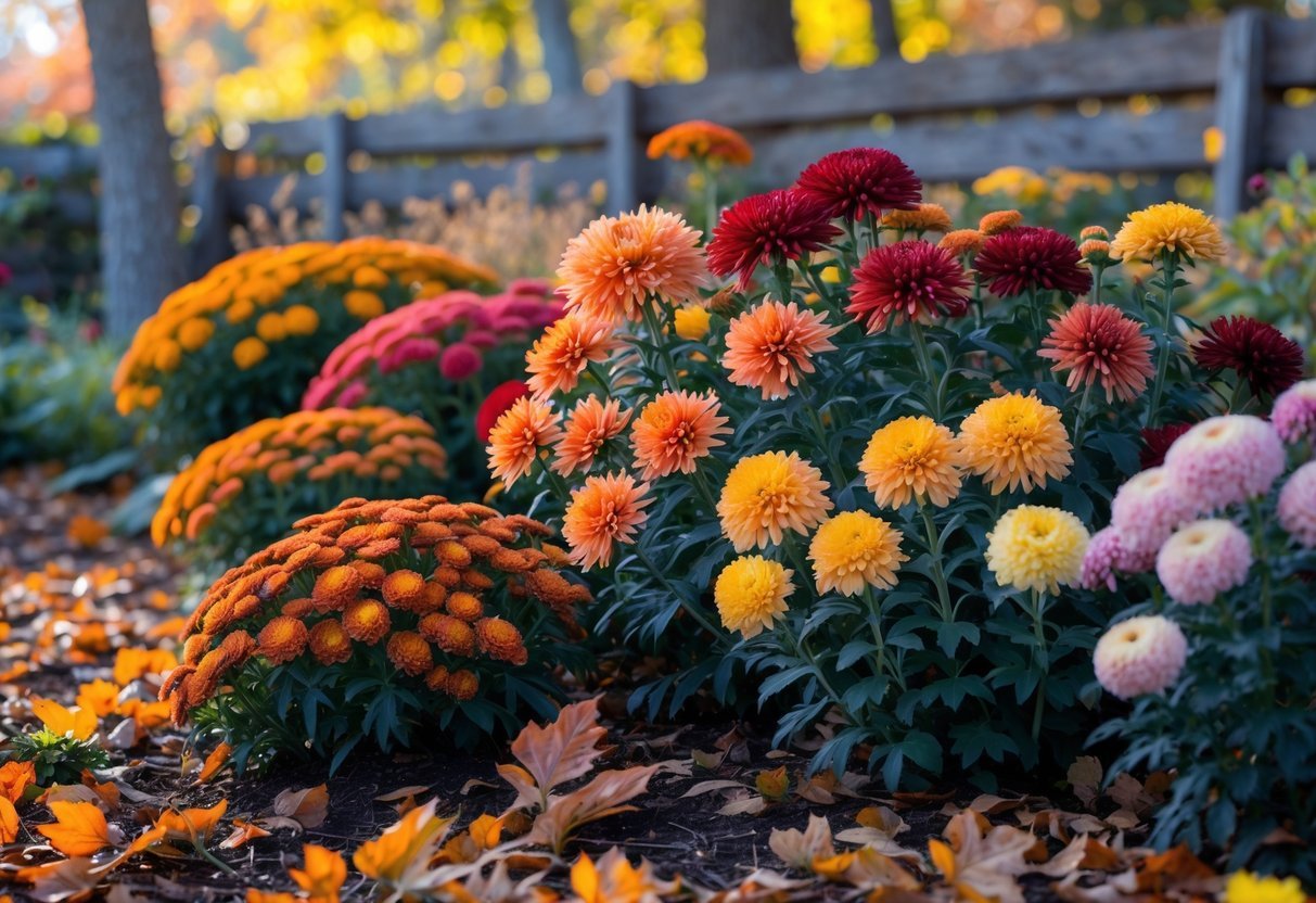 21+ Fall Garden Ideas: Essential Tips for a Stunning Autumn Landscape in the US 3 A garden bed filled with colorful blooming chrysanthemums in autumn surrounded by fallen leaves.
