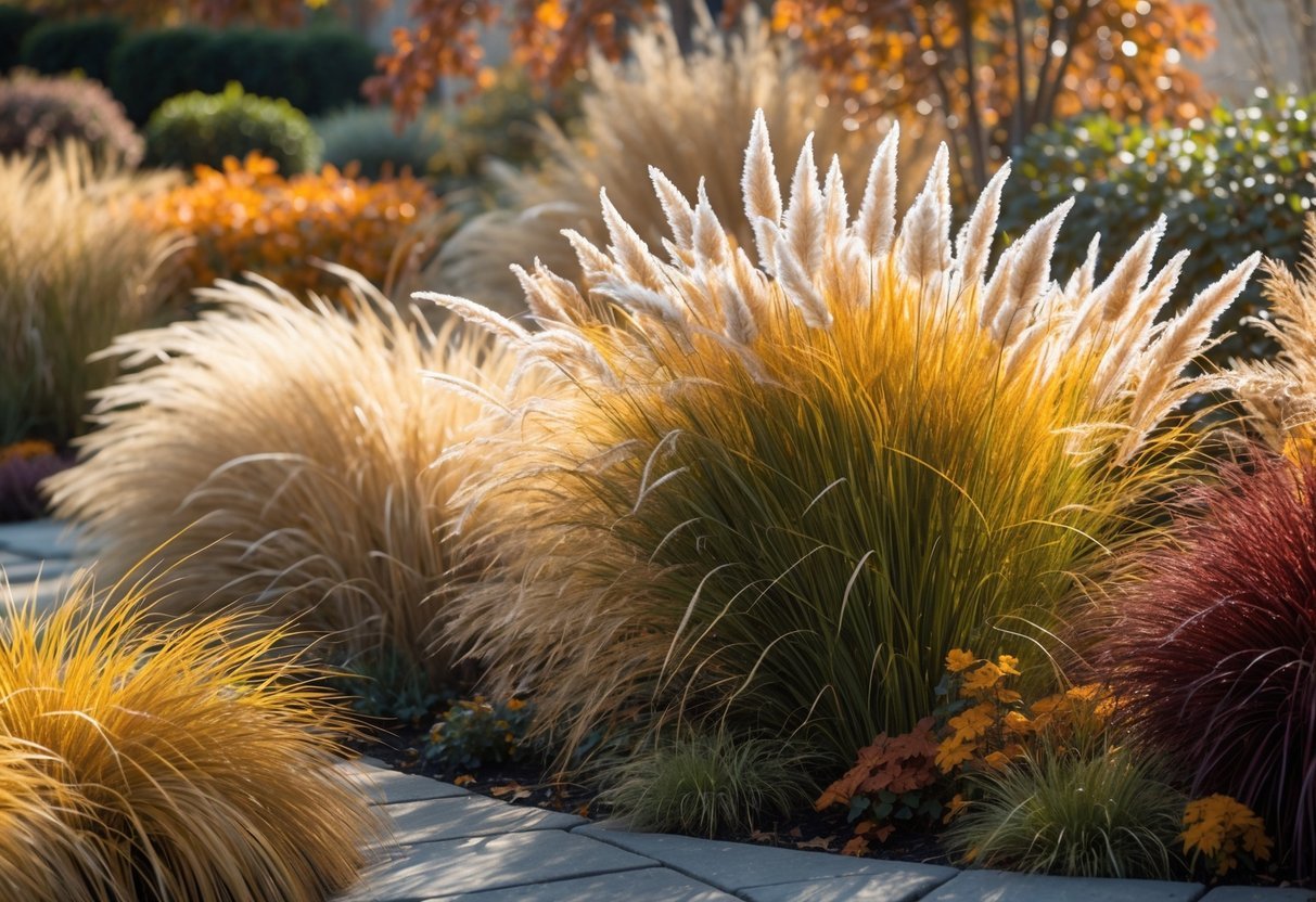 21+ Fall Garden Ideas: Essential Tips for a Stunning Autumn Landscape in the US 4 A fall garden scene with tall ornamental grasses in golden and orange tones gently swaying in the breeze under soft sunlight.