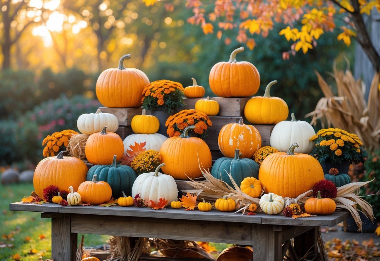 21+ Fall Garden Ideas: Essential Tips for a Stunning Autumn Landscape in the US 5 A colorful fall garden display with pumpkins, gourds, autumn leaves, and flowers arranged on a wooden table outdoors.