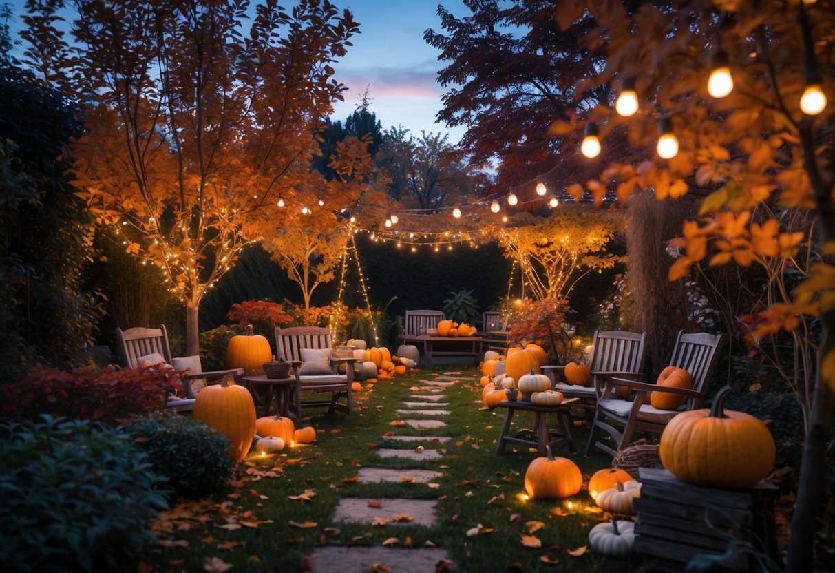 21+ Fall Garden Ideas: Essential Tips for a Stunning Autumn Landscape in the US 6 An evening fall garden with glowing fairy lights strung among trees, colorful autumn leaves, pumpkins, and wooden furniture.