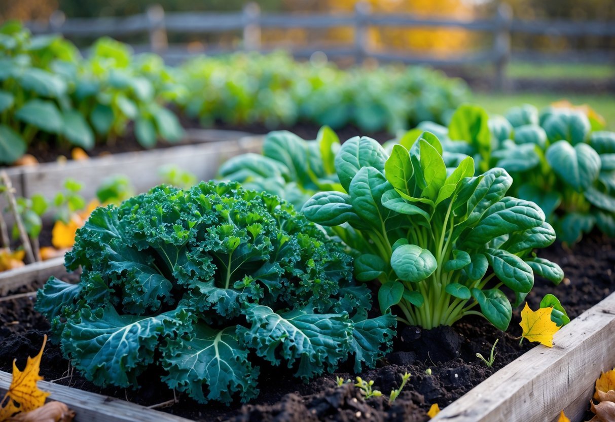 21+ Fall Garden Ideas: Essential Tips for a Stunning Autumn Landscape in the US 7 A fall garden with rows of healthy kale and spinach plants growing in dark soil surrounded by fallen autumn leaves.