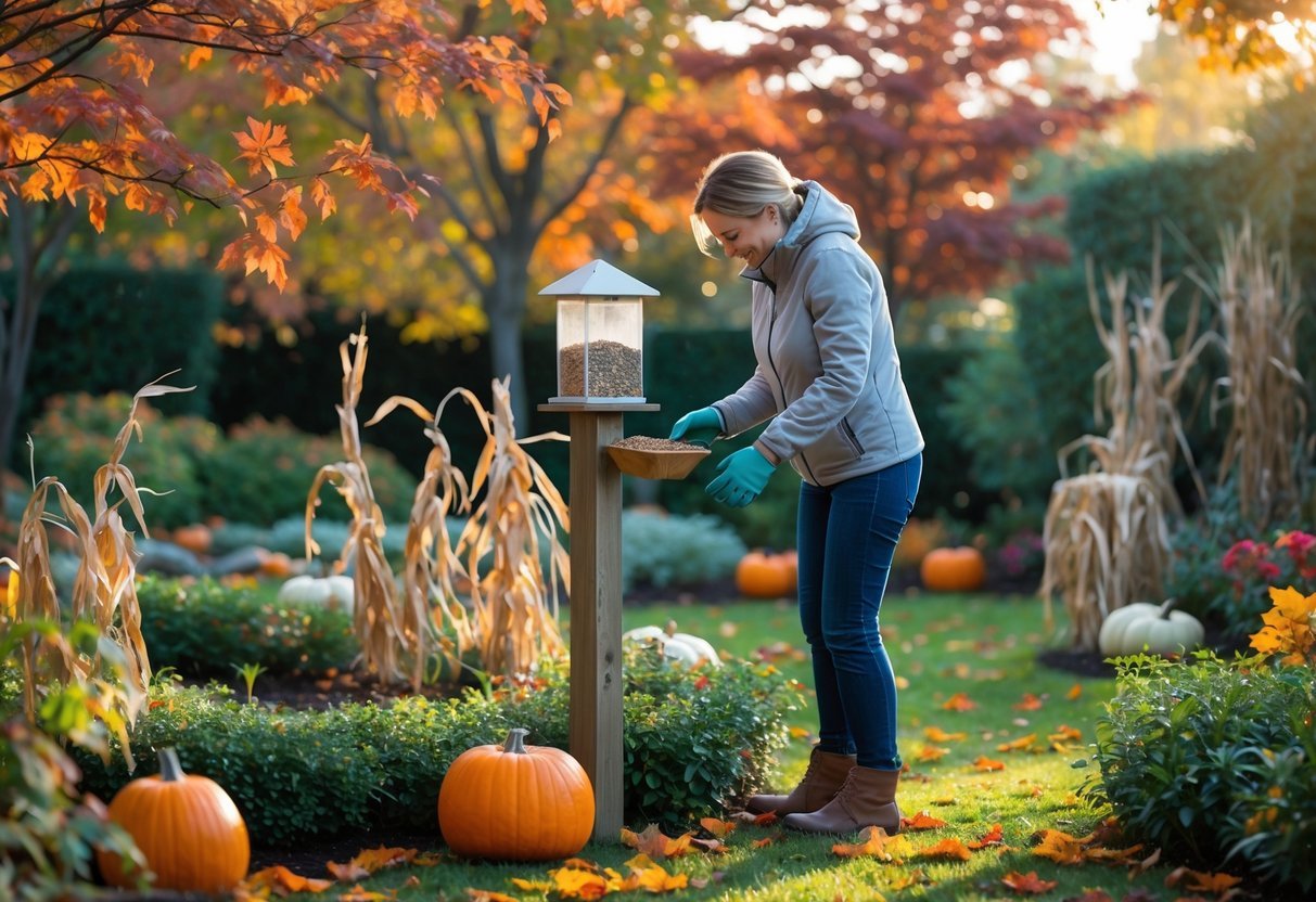 21+ Fall Garden Ideas: Essential Tips for a Stunning Autumn Landscape in the US 8 A person installing a bird feeder in a garden surrounded by colorful autumn leaves and fall decorations.