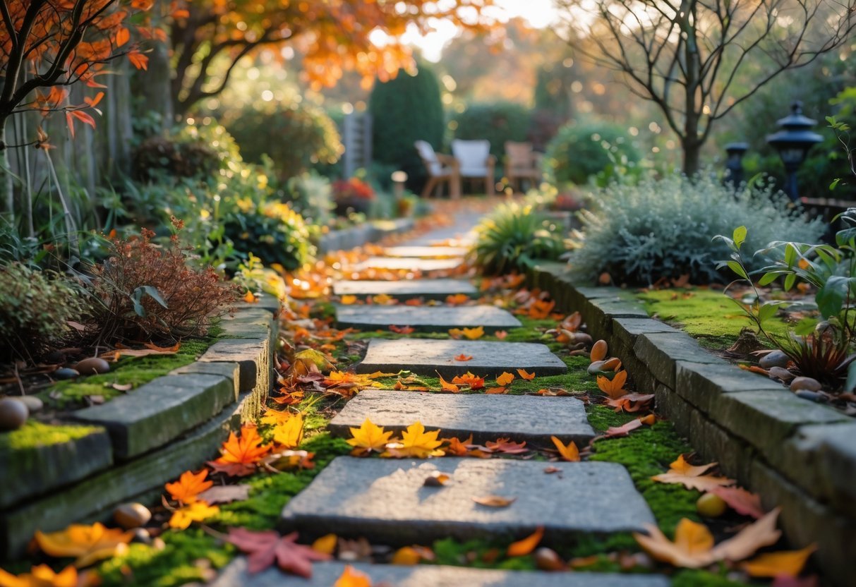 21+ Fall Garden Ideas: Essential Tips for a Stunning Autumn Landscape in the US 9 A winding stone garden path covered with colorful fallen leaves surrounded by plants and trees in autumn.