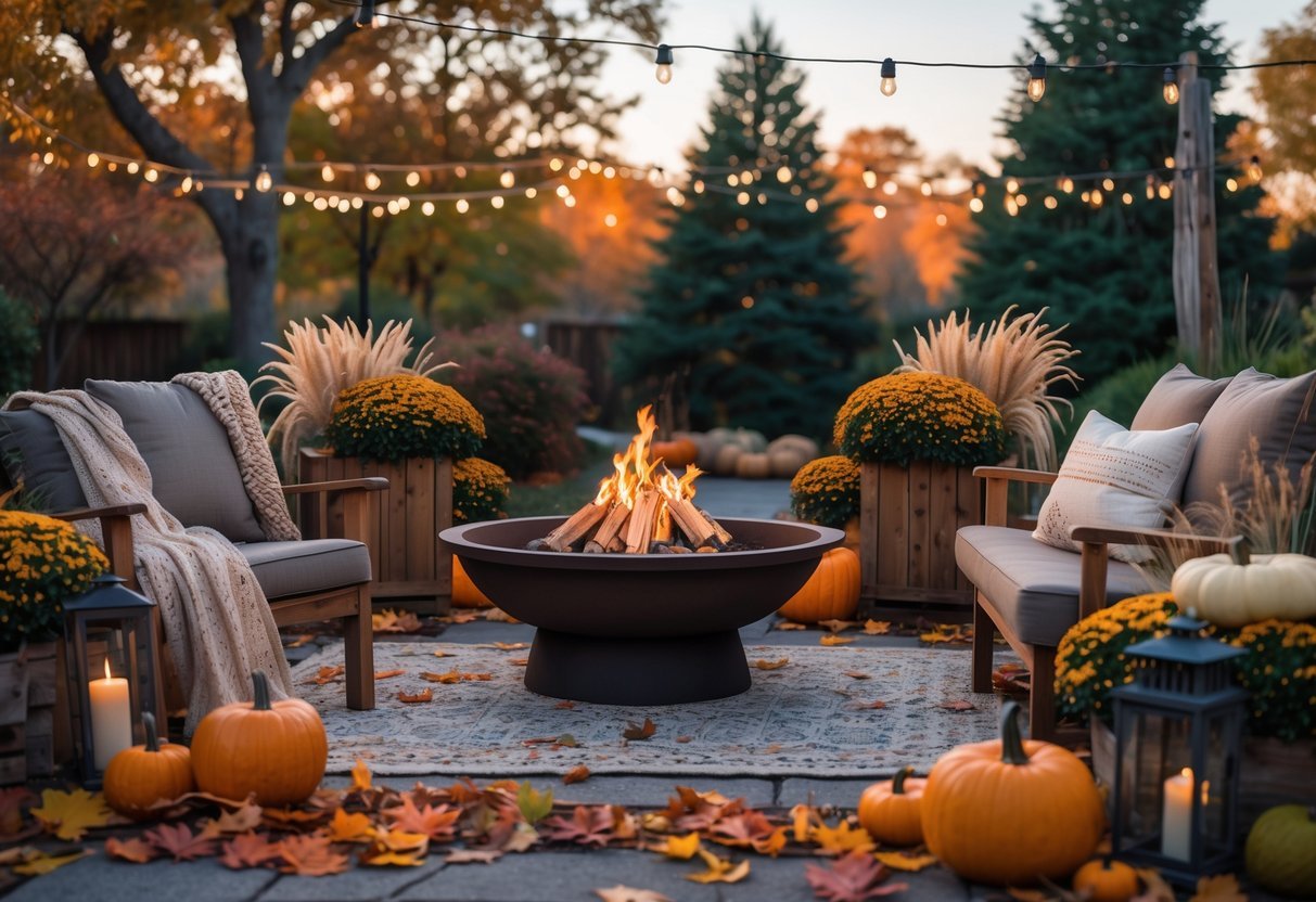 21+ Fall Garden Ideas: Essential Tips for a Stunning Autumn Landscape in the US 10 A fall garden with a fire pit surrounded by outdoor seating, autumn leaves, pumpkins, and seasonal flowers under trees with colorful fall foliage.