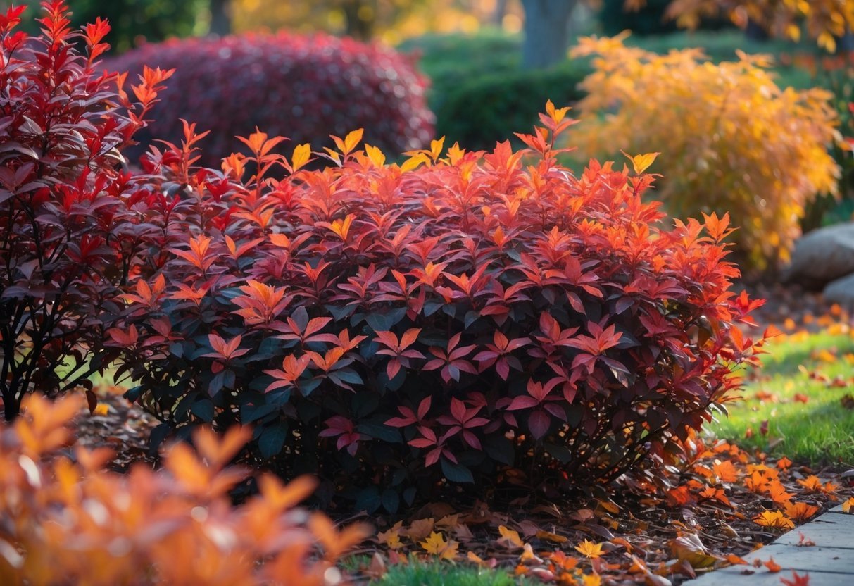 21+ Fall Garden Ideas: Essential Tips for a Stunning Autumn Landscape in the US 11 A garden with colorful fall shrubs including Sumac and Viburnum showing red, orange, and yellow leaves.