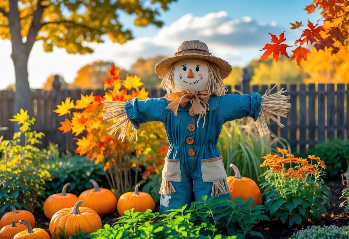 21+ Fall Garden Ideas: Essential Tips for a Stunning Autumn Landscape in the US 12 A scarecrow dressed in rustic clothes stands in a fall garden surrounded by pumpkins, colorful leaves, and green plants under a sunny sky.