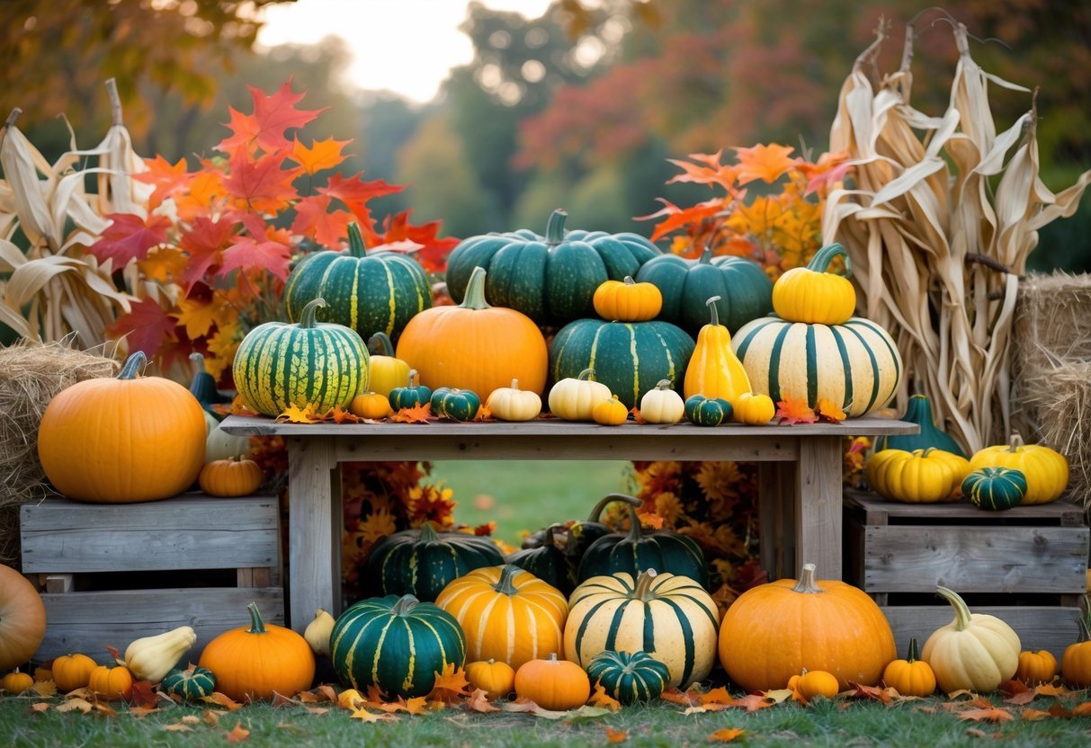 21+ Fall Garden Ideas: Essential Tips for a Stunning Autumn Landscape in the US 13 A fall garden scene with colorful gourds and squash arranged on wooden crates and a table surrounded by autumn leaves and hay bales.