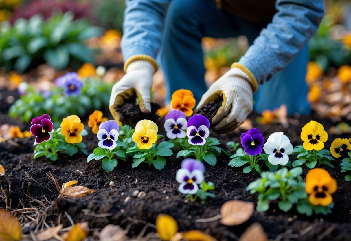21+ Fall Garden Ideas: Essential Tips for a Stunning Autumn Landscape in the US 14 Hands planting colorful pansy flowers in a garden bed surrounded by autumn leaves.