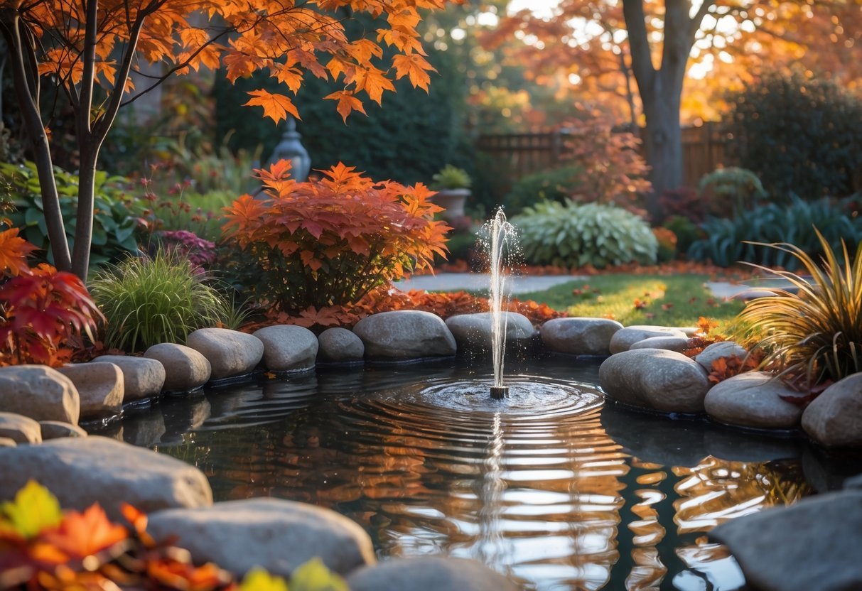 21+ Fall Garden Ideas: Essential Tips for a Stunning Autumn Landscape in the US 15 A small pond and fountain surrounded by colorful autumn leaves and plants in a peaceful garden.