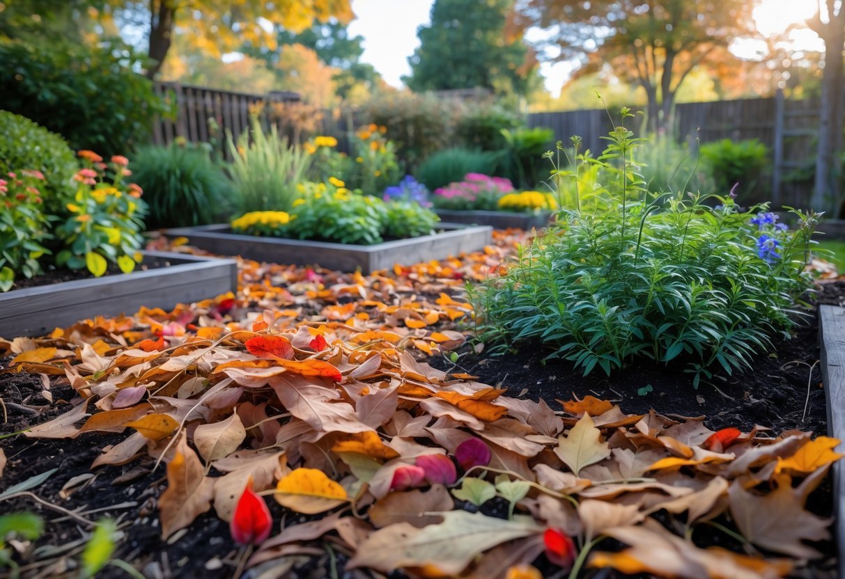 21+ Fall Garden Ideas: Essential Tips for a Stunning Autumn Landscape in the US 16 A garden bed covered with colorful autumn leaves used as mulch around plants and shrubs.