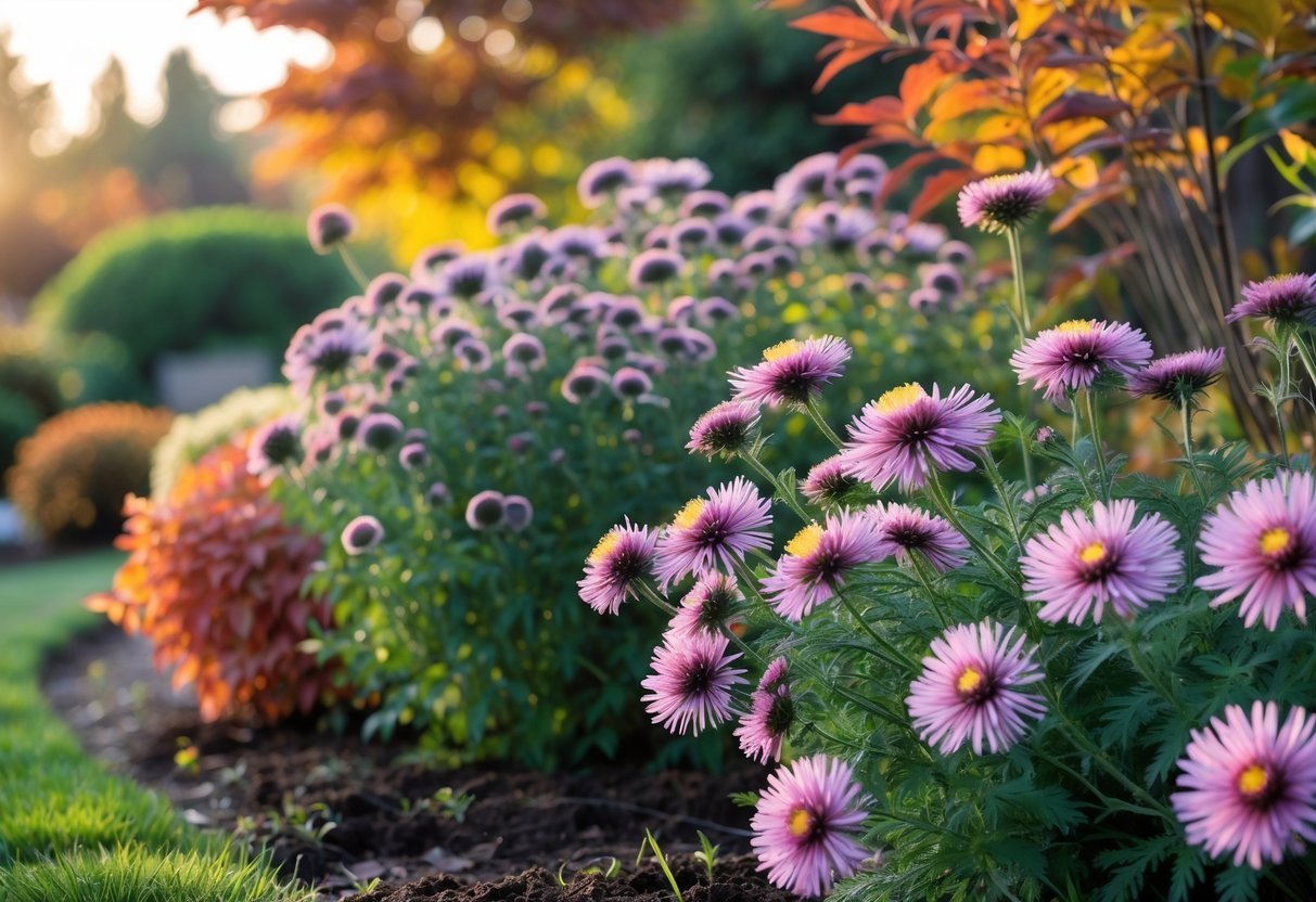 21+ Fall Garden Ideas: Essential Tips for a Stunning Autumn Landscape in the US 17 A colorful fall garden with blooming asters surrounded by autumn leaves in warm colors.