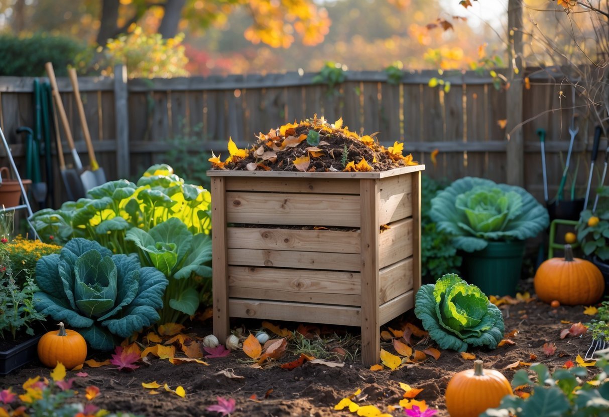 21+ Fall Garden Ideas: Essential Tips for a Stunning Autumn Landscape in the US 18 A backyard fall garden with a wooden compost bin filled with leaves and vegetable scraps, surrounded by pumpkins and fall plants under soft sunlight.