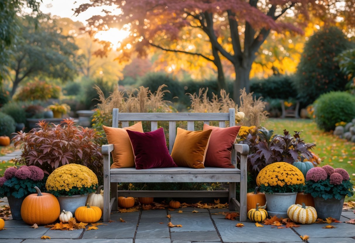 21+ Fall Garden Ideas: Essential Tips for a Stunning Autumn Landscape in the US 19 A wooden garden bench surrounded by colorful fall leaves, pumpkins, and autumn flowers in a garden setting.
