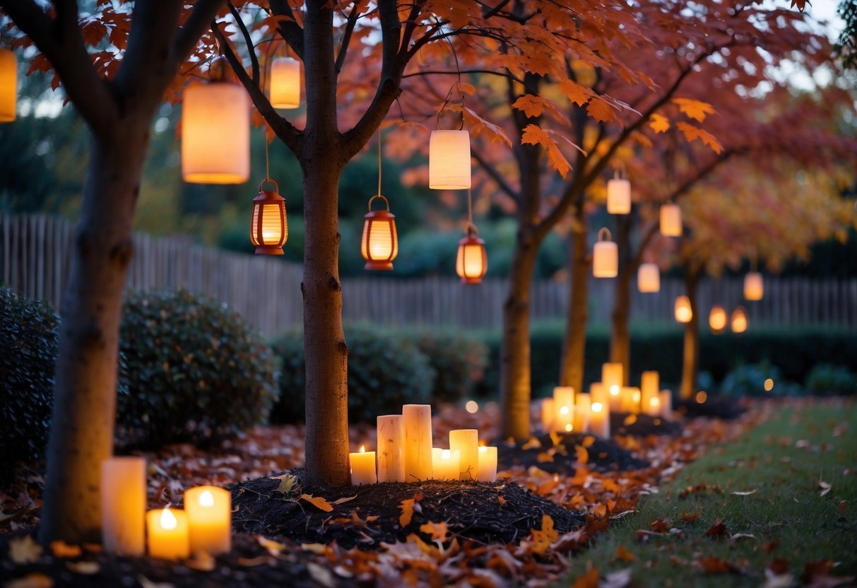 21+ Fall Garden Ideas: Essential Tips for a Stunning Autumn Landscape in the US 20 Trees in a fall garden with hanging lanterns and candles glowing among colorful autumn leaves.