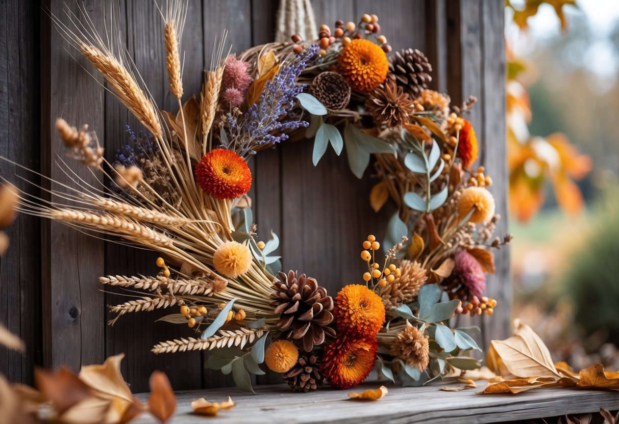 21+ Fall Garden Ideas: Essential Tips for a Stunning Autumn Landscape in the US 21 A rustic wreath made from dried flowers and foliage in autumn colors displayed on a wooden surface with scattered dried leaves.