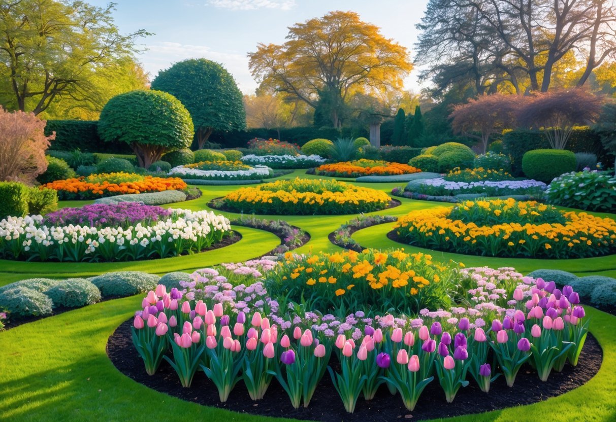 12+ Seasonal Transition Garden Ideas: Expert Tips to Refresh Your US Garden Year-Round 2 A garden with multiple flower beds displaying colorful flowers representing different seasons, surrounded by green grass and trees under a clear sky.
