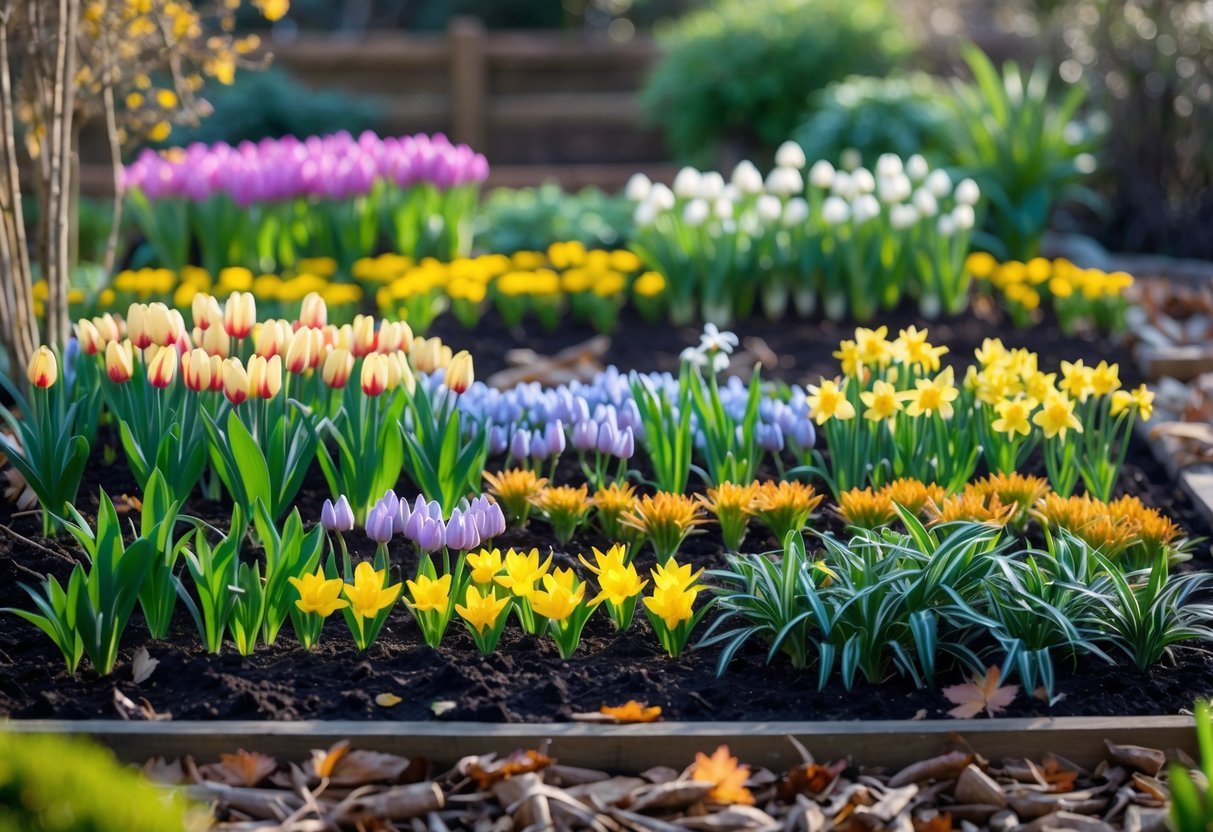 12+ Seasonal Transition Garden Ideas: Expert Tips to Refresh Your US Garden Year-Round 3 A colorful garden bed with layers of blooming spring and autumn flowers including tulips, daffodils, and autumn crocus surrounded by green leaves and fallen autumn leaves.
