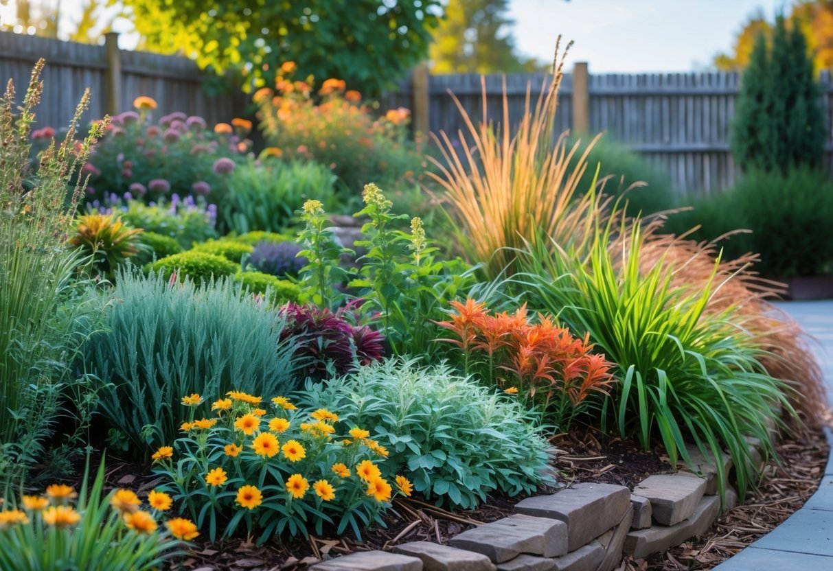 12+ Seasonal Transition Garden Ideas: Expert Tips to Refresh Your US Garden Year-Round 4 A garden bed with flowering and leafy plants showing colors transitioning from summer to autumn, including greens, oranges, reds, and yellows, under soft sunlight.