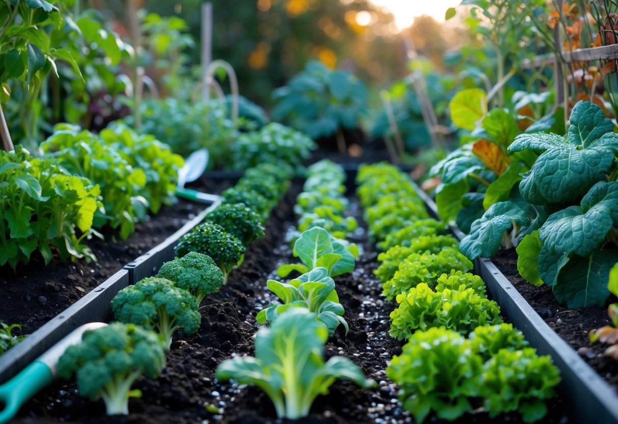 12+ Seasonal Transition Garden Ideas: Expert Tips to Refresh Your US Garden Year-Round 5 A garden bed with young cool-season vegetable seedlings like kale, spinach, broccoli, and lettuce during seasonal planting, surrounded by gardening tools and autumn foliage.