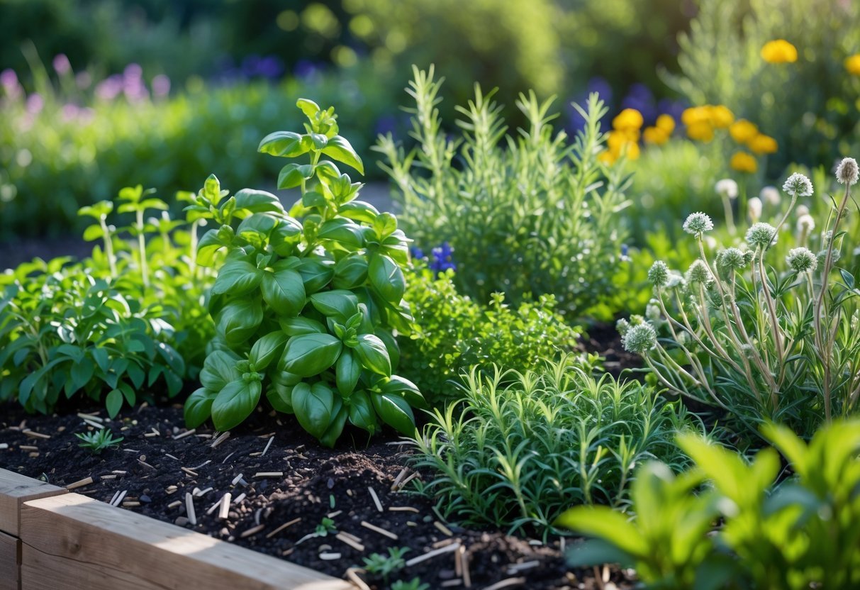 12+ Seasonal Transition Garden Ideas: Expert Tips to Refresh Your US Garden Year-Round 6 A garden bed filled with green herbs like basil and rosemary surrounded by blooming seasonal plants under a clear sky.