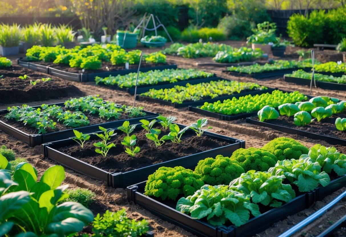 12+ Seasonal Transition Garden Ideas: Expert Tips to Refresh Your US Garden Year-Round 7 A garden with several planting plots showing different growth stages of vegetables during seasonal transition.