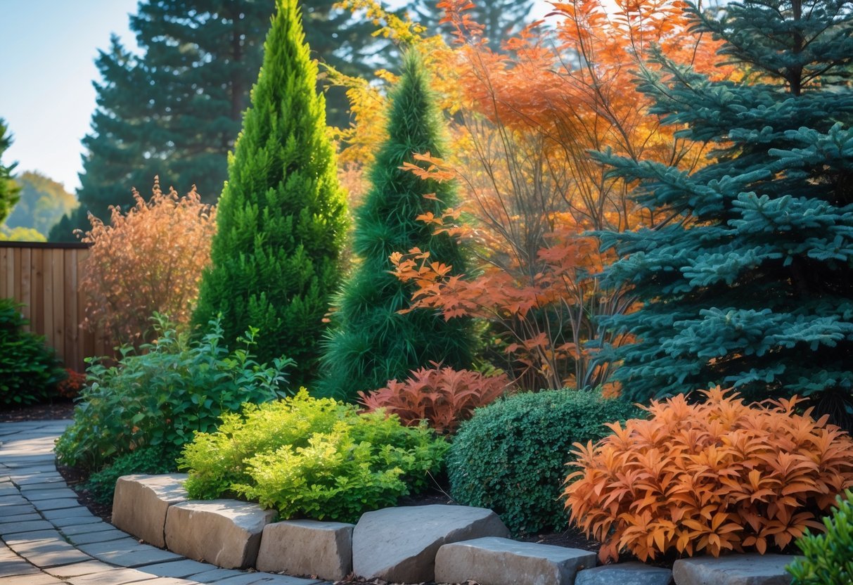 12+ Seasonal Transition Garden Ideas: Expert Tips to Refresh Your US Garden Year-Round 8 A garden with a mix of green evergreen shrubs and colorful deciduous shrubs showing autumn leaves, bordered by a stone pathway under a clear sky.