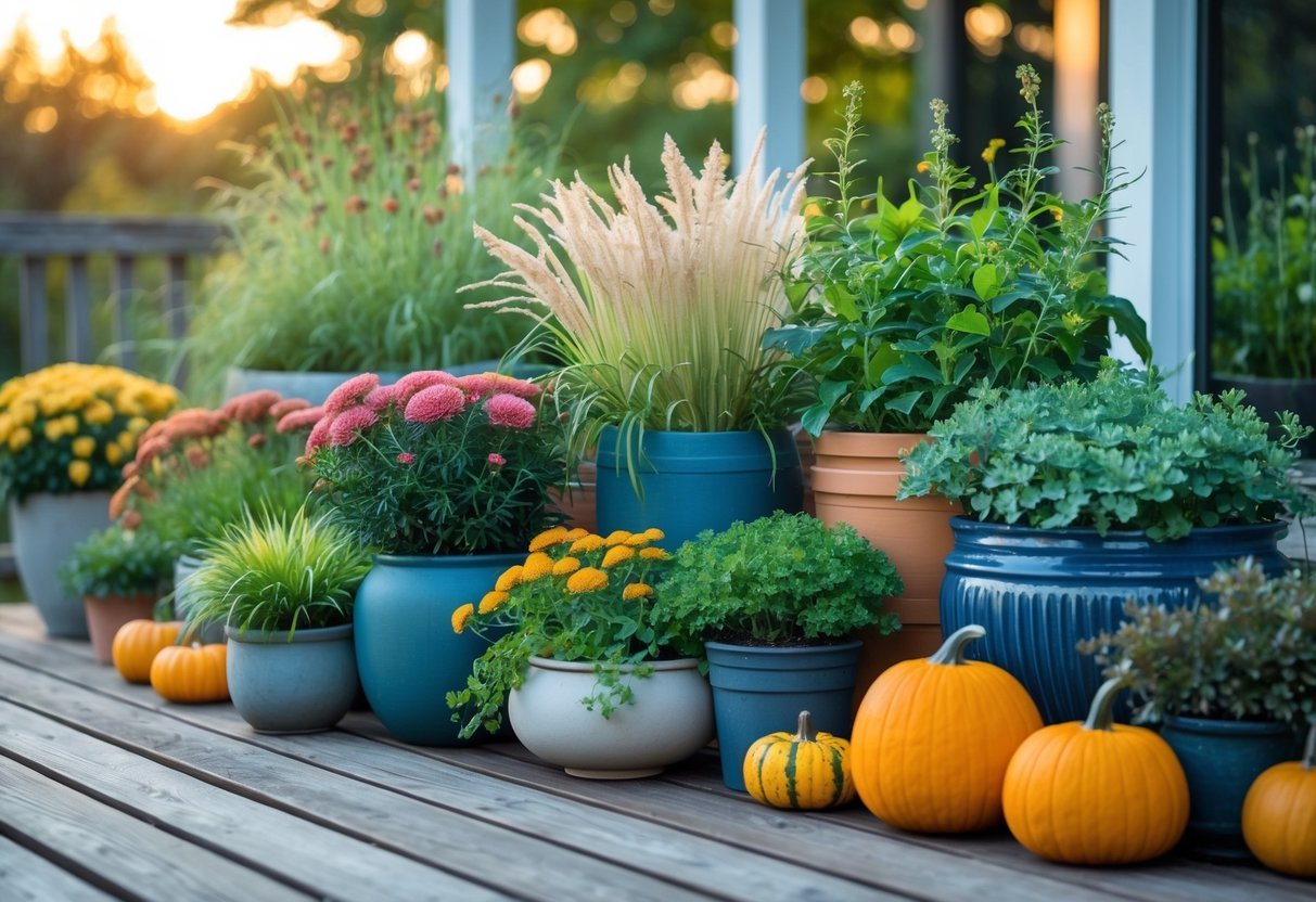 12+ Seasonal Transition Garden Ideas: Expert Tips to Refresh Your US Garden Year-Round 9 A container garden with various pots holding autumn flowers, ornamental grasses, small pumpkins, and leafy greens arranged on a wooden patio.