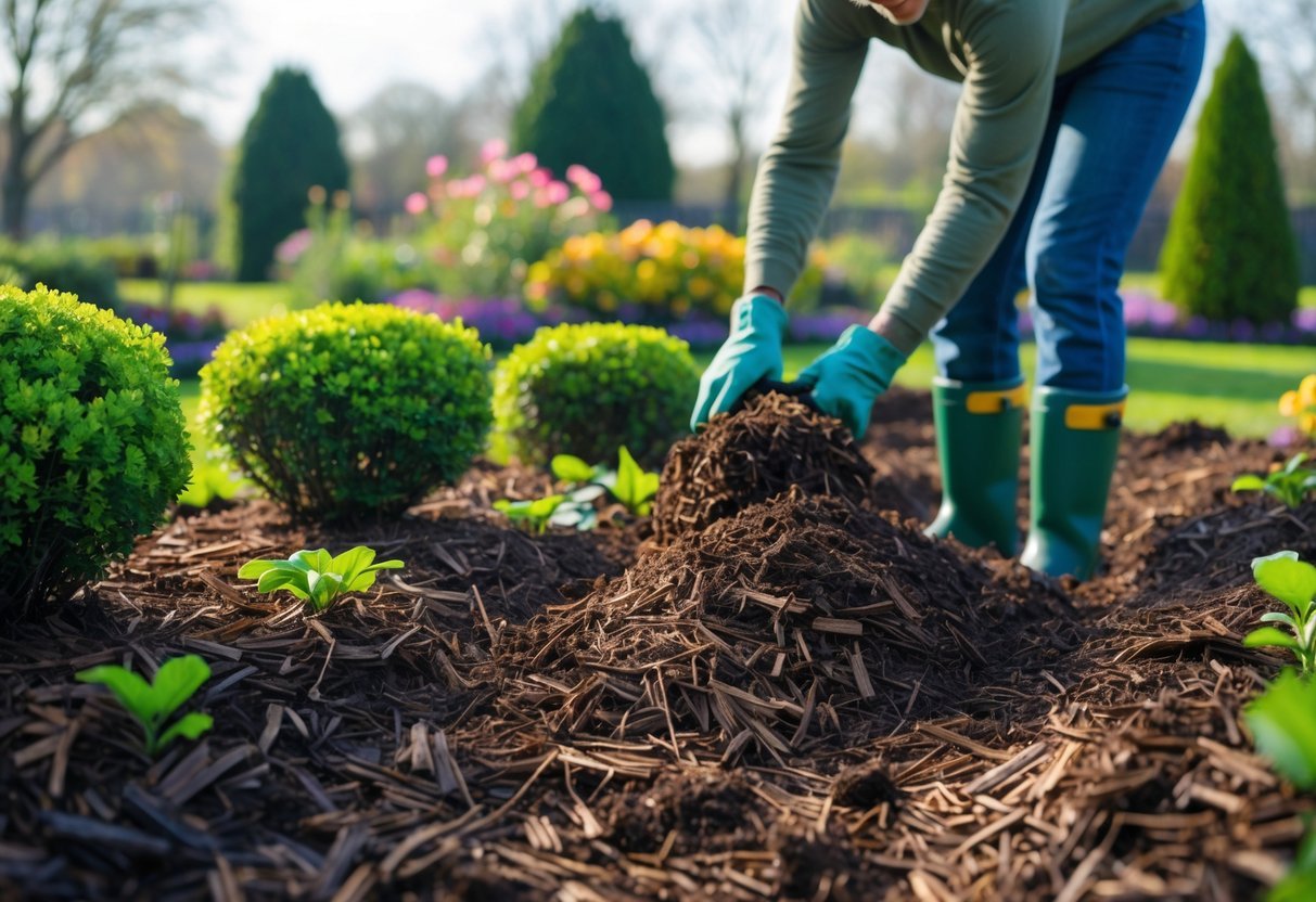 12+ Seasonal Transition Garden Ideas: Expert Tips to Refresh Your US Garden Year-Round 10 Gardener spreading mulch around plants in a garden during seasonal transition.