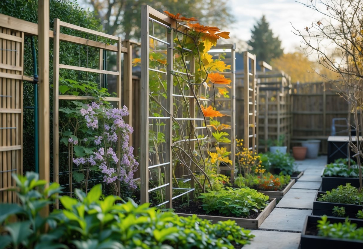 12+ Seasonal Transition Garden Ideas: Expert Tips to Refresh Your US Garden Year-Round 11 A garden with temporary wooden and metal trellises supporting climbing plants showing early spring blooms and autumn leaves.