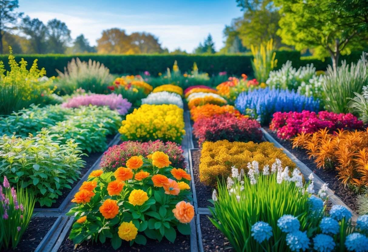 12+ Seasonal Transition Garden Ideas: Expert Tips to Refresh Your US Garden Year-Round 12 A garden divided into four color-themed sections representing spring, summer, autumn, and winter with vibrant flowers and plants transitioning smoothly between each season.