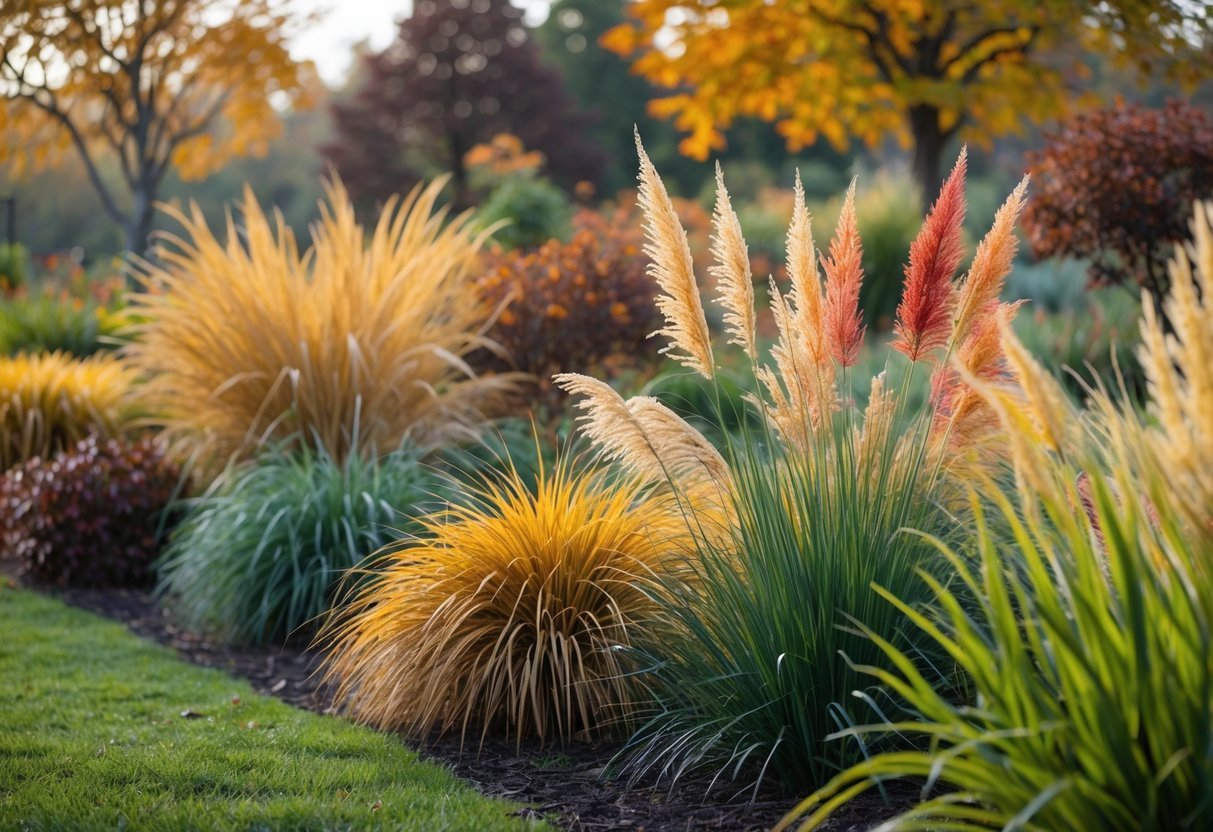 12+ Seasonal Transition Garden Ideas: Expert Tips to Refresh Your US Garden Year-Round 13 A garden with ornamental grasses showing autumn colors and seasonal transition under natural daylight.