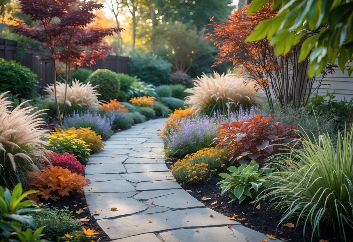 12+ Seasonal Transition Garden Ideas: Expert Tips to Refresh Your US Garden Year-Round 14 A winding stone pathway through a garden with plants showing seasonal changes, including colorful autumn leaves, blooming flowers, and ornamental grasses.