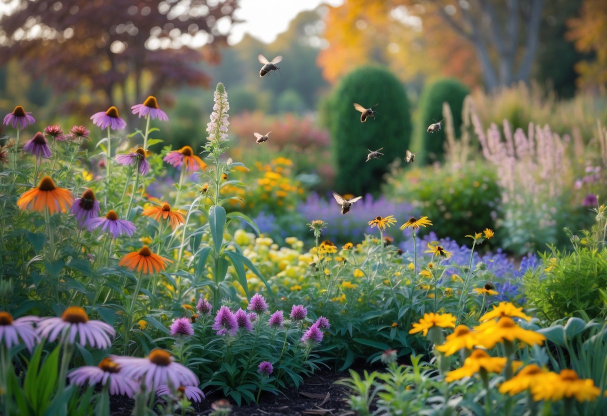 12+ Seasonal Transition Garden Ideas: Expert Tips to Refresh Your US Garden Year-Round 15 A colorful garden with various blooming flowers and pollinators like bees, butterflies, and hummingbirds among green plants and trees showing early fall colors.