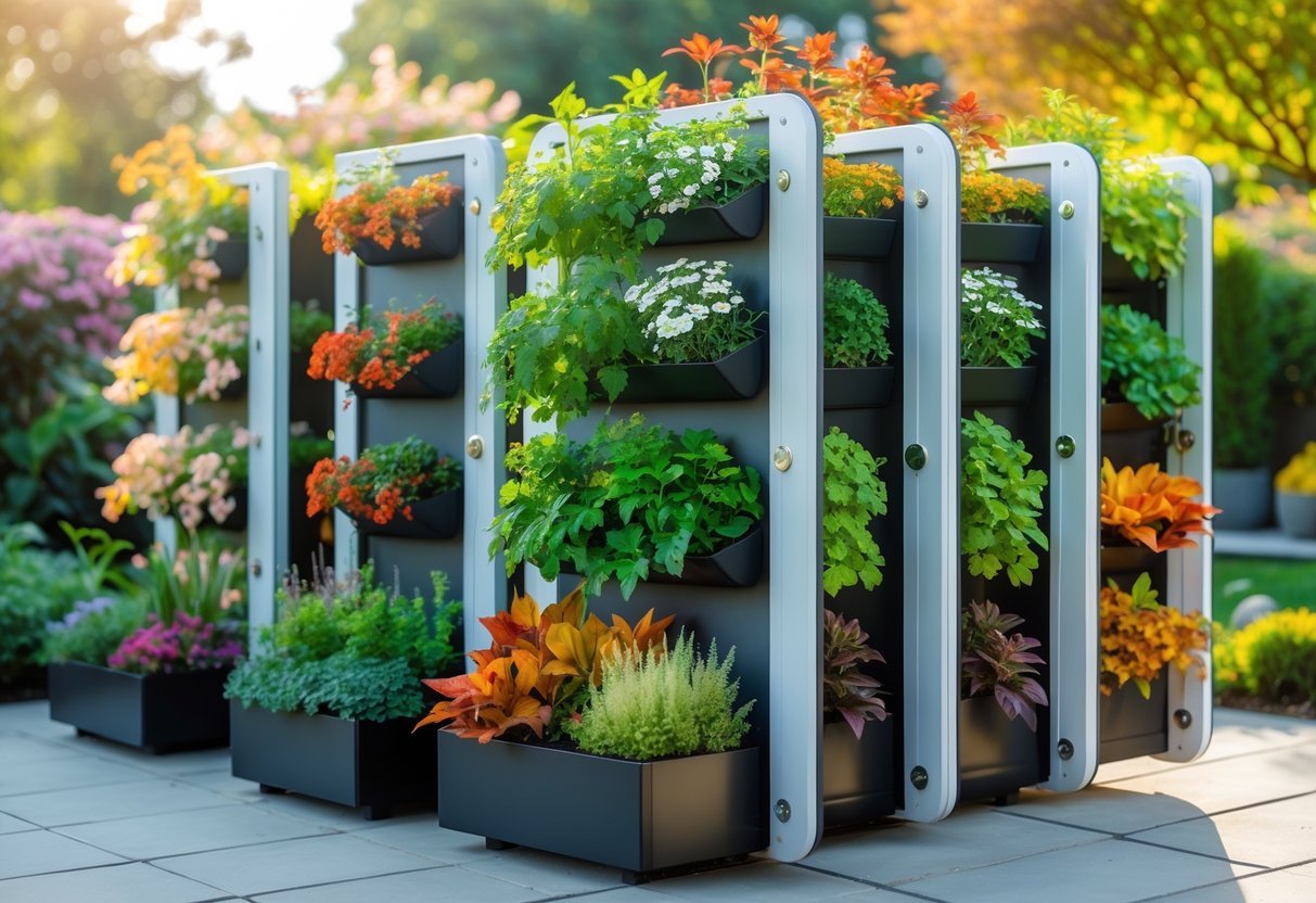 12+ Seasonal Transition Garden Ideas: Expert Tips to Refresh Your US Garden Year-Round 16 Rotating vertical garden panels outdoors filled with various plants showing seasonal changes from green leaves to autumn colors.