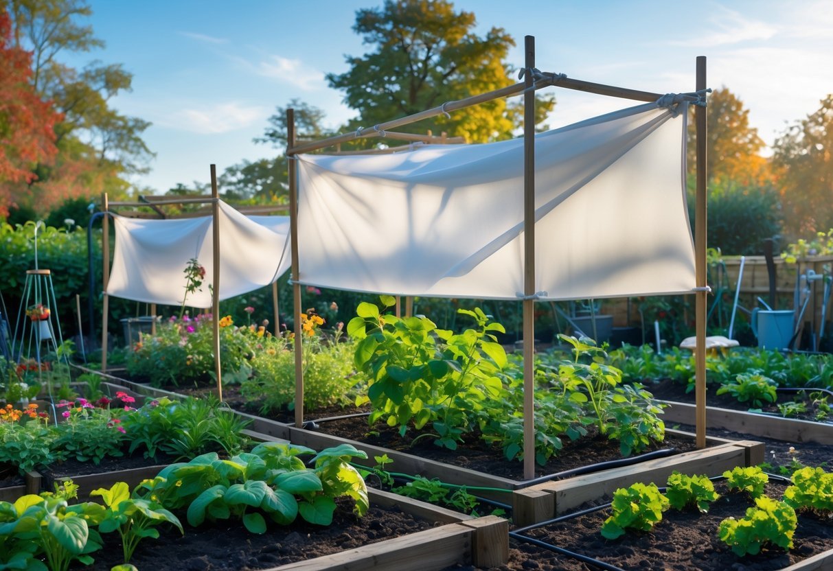 12+ Seasonal Transition Garden Ideas: Expert Tips to Refresh Your US Garden Year-Round 17 A garden with temporary shade cloths set up over plants to protect them during seasonal transition.