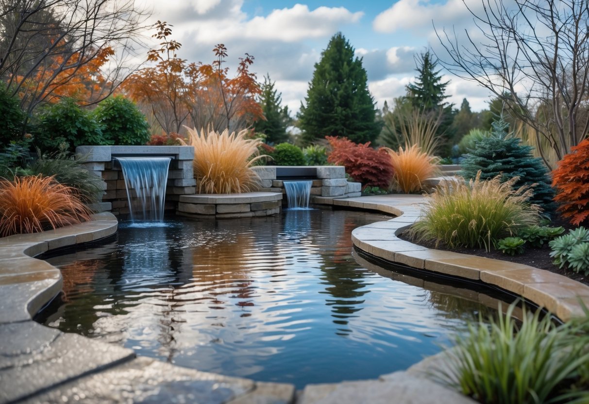 12+ Seasonal Transition Garden Ideas: Expert Tips to Refresh Your US Garden Year-Round 18 A garden with water features including waterfalls and fountains surrounded by plants showing autumn to early winter colors under a partly cloudy sky.