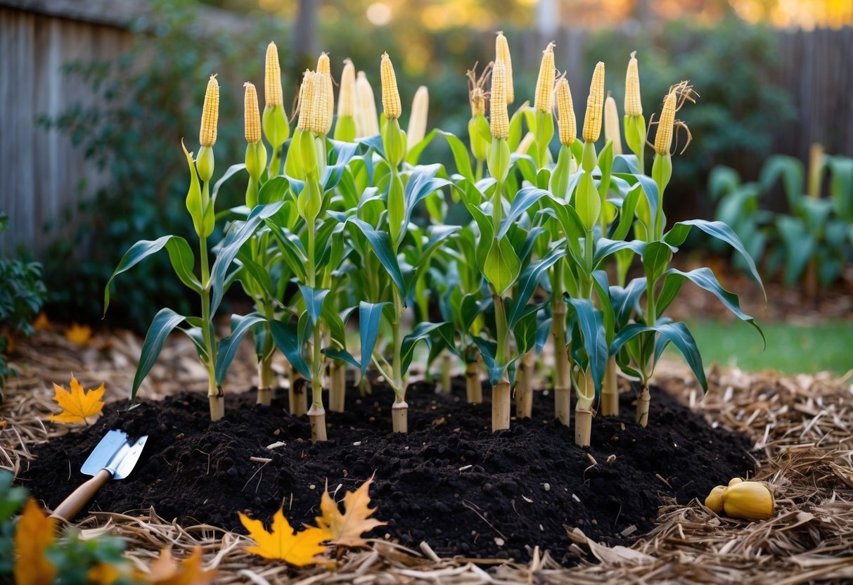 12+ Seasonal Transition Garden Ideas: Expert Tips to Refresh Your US Garden Year-Round 19 A garden corner with corn plants growing in rich compost soil surrounded by fallen leaves and gardening tools during seasonal transition.