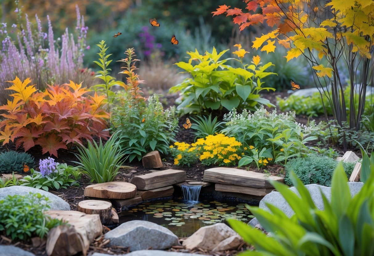 12+ Seasonal Transition Garden Ideas: Expert Tips to Refresh Your US Garden Year-Round 20 A garden with native plants showing seasonal changes and small wildlife like birds and butterflies among the foliage.