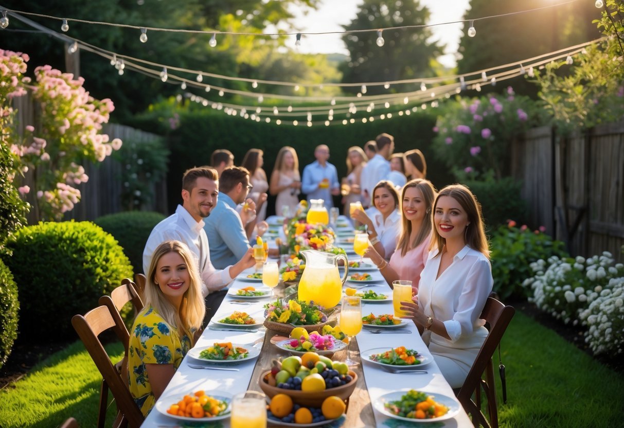 21+ Garden Party Theme Ideas: Stylish Concepts for Memorable Outdoor Events in the US 2 A group of people enjoying a garden party around a decorated table with food and drinks in a sunny backyard surrounded by flowers and trees.